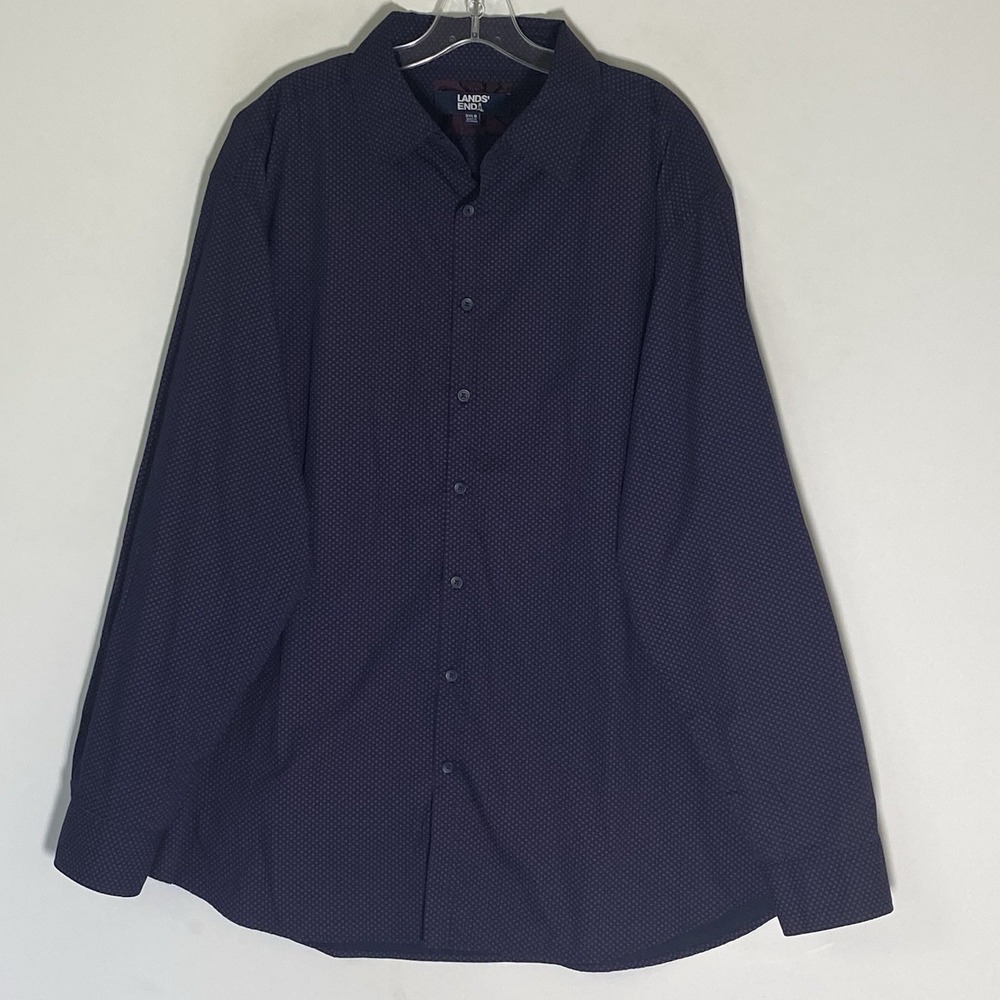 Lands End Shirt Mens 3XLB Blue Dots Dressy Casual Button Up Long Sleeve Business